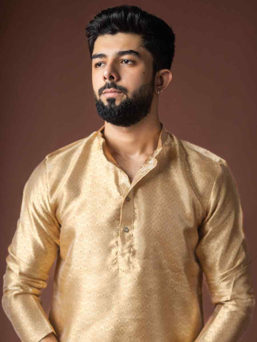Golden Jacquard Silk Embroidery Festival Wedding Party Mens Kurta