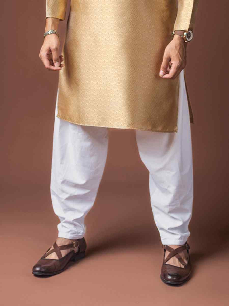 Golden Jacquard Silk Embroidery Festival Wedding Party Mens Kurta