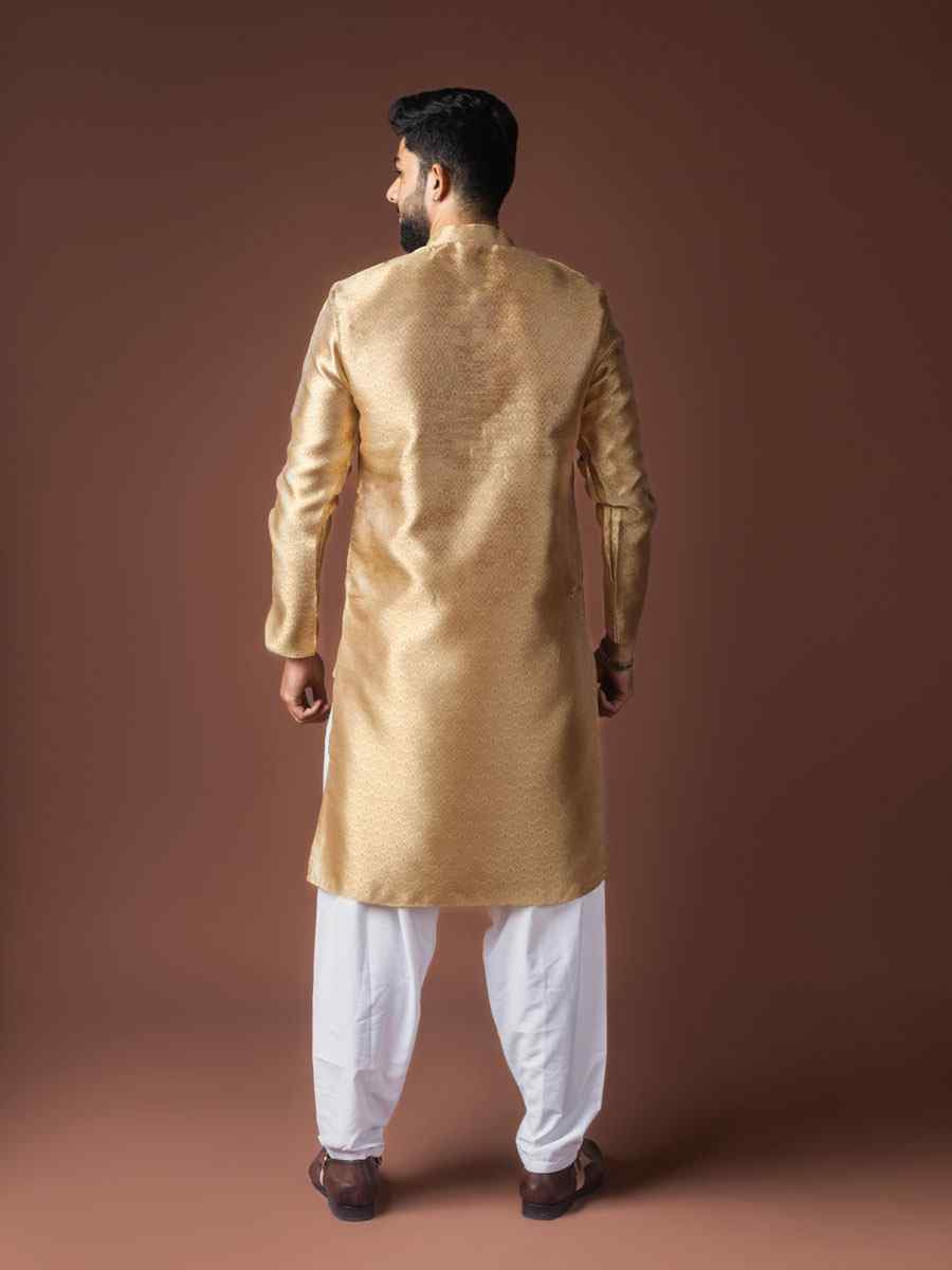 Golden Jacquard Silk Embroidery Festival Wedding Party Mens Kurta