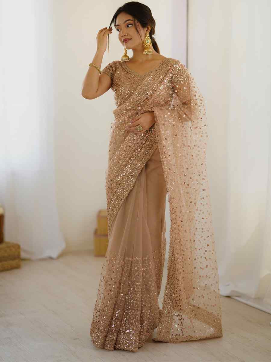 Golden Net Embroidered Festival Wedding Fancy Heavy Border Saree