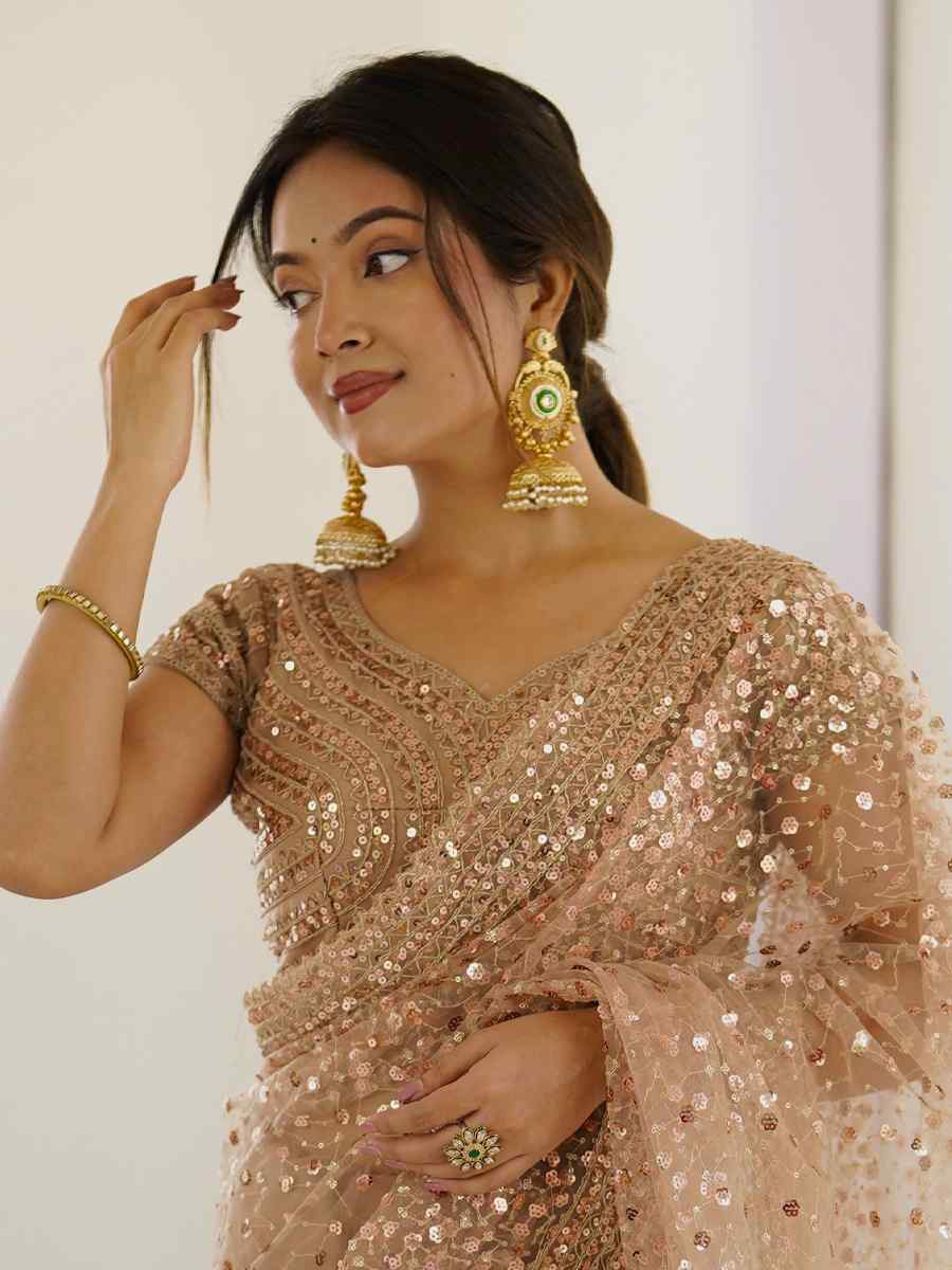 Golden Net Embroidered Festival Wedding Fancy Heavy Border Saree