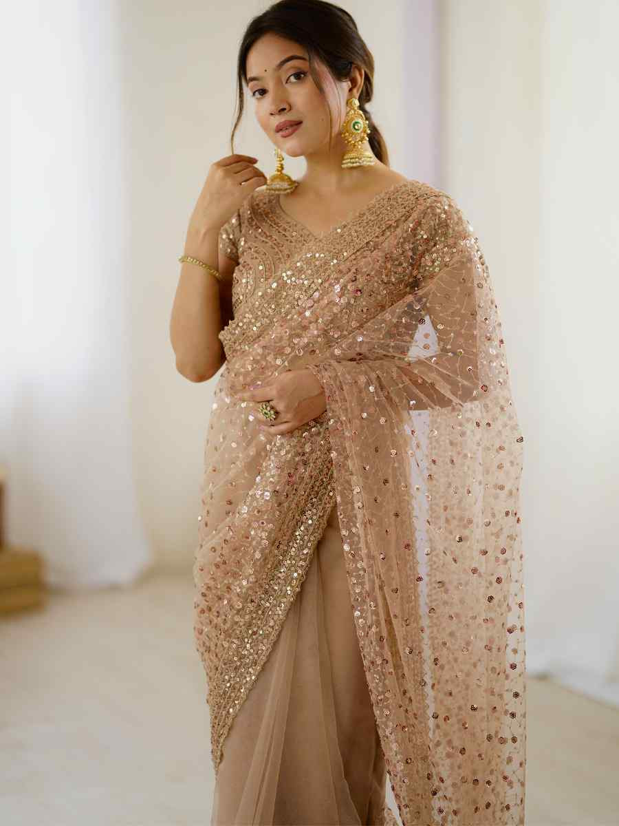 Golden Net Embroidered Festival Wedding Fancy Heavy Border Saree