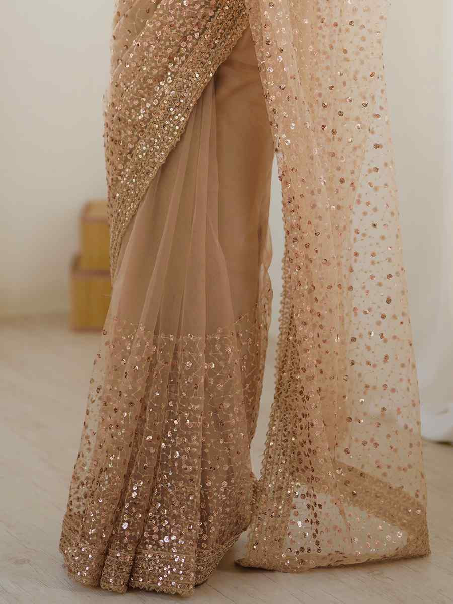 Golden Net Embroidered Festival Wedding Fancy Heavy Border Saree