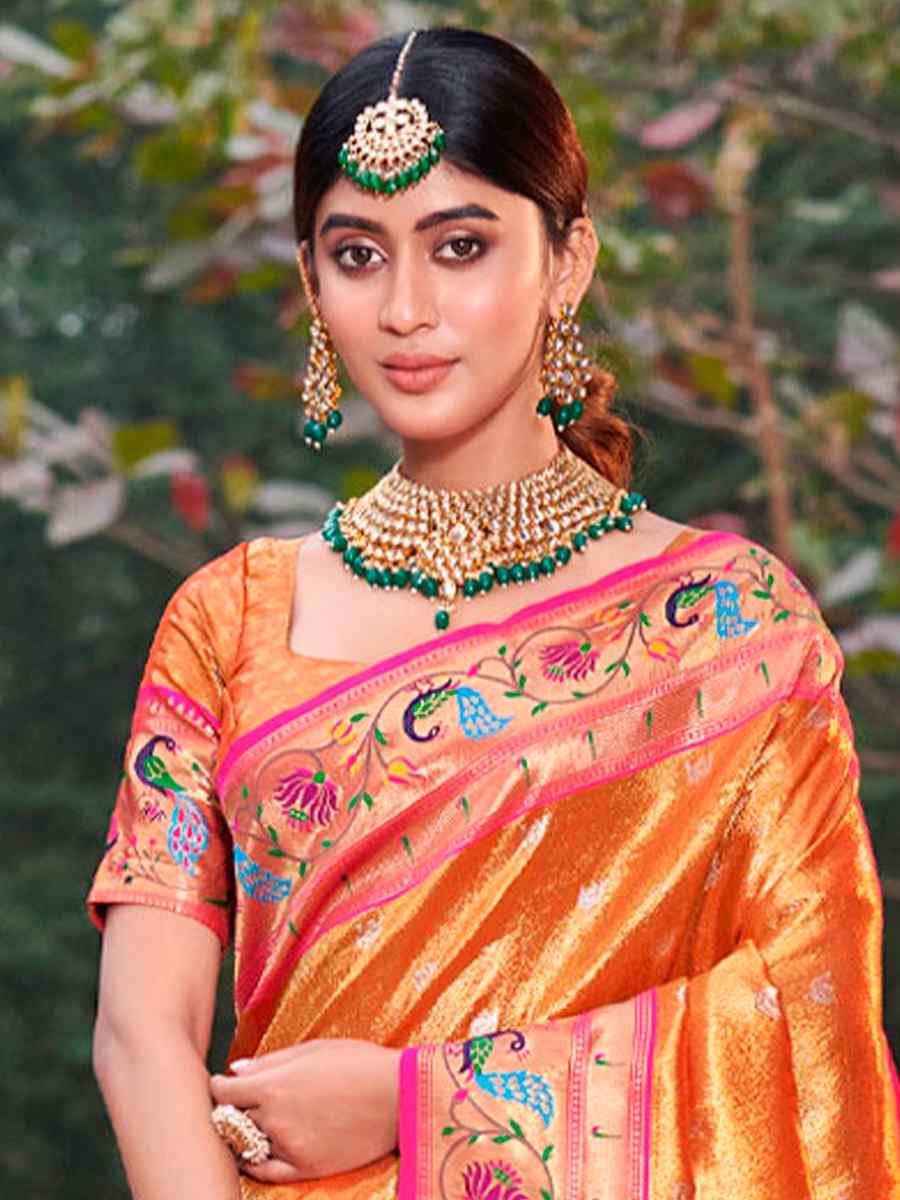 Golden Paithani Silk Handwoven Festival Wedding Heavy Border Saree