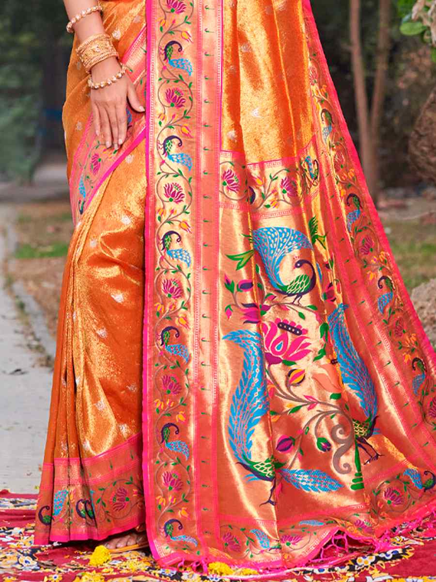 Golden Paithani Silk Handwoven Festival Wedding Heavy Border Saree