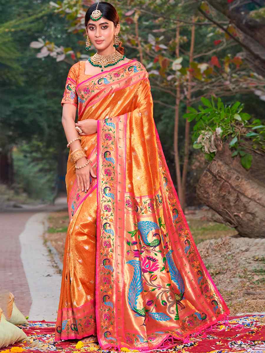 Golden Paithani Silk Handwoven Festival Wedding Heavy Border Saree