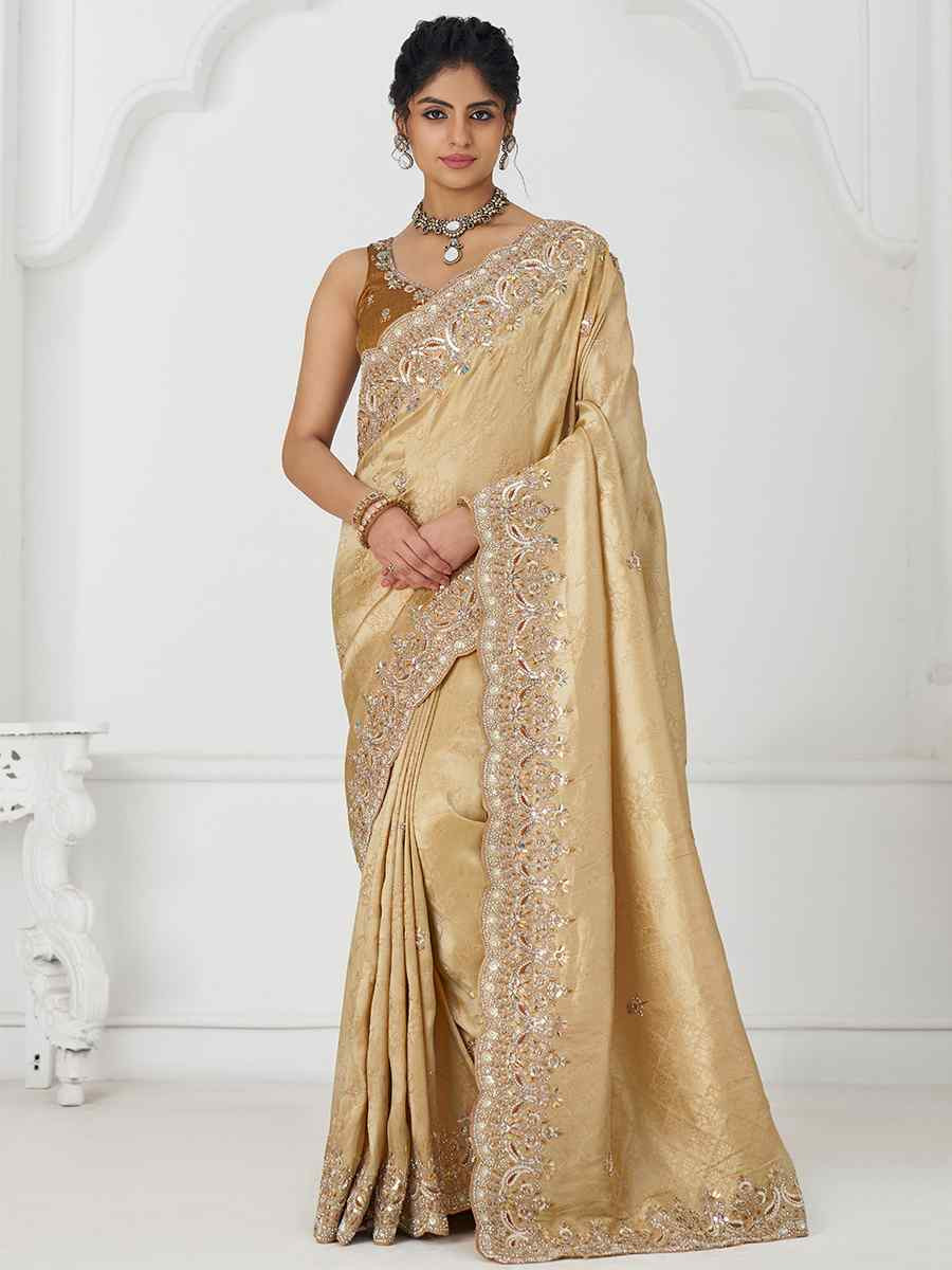Golden Pure Dola Viscouse Silk Embroidered Festival Wedding Fancy Heavy Border Saree