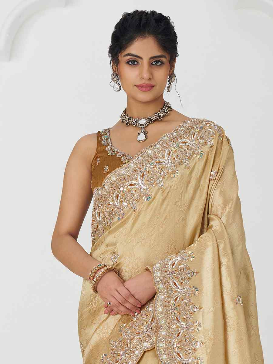 Golden Pure Dola Viscouse Silk Embroidered Festival Wedding Fancy Heavy Border Saree