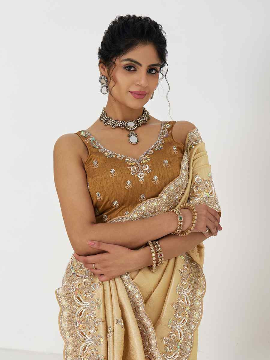 Golden Pure Dola Viscouse Silk Embroidered Festival Wedding Fancy Heavy Border Saree