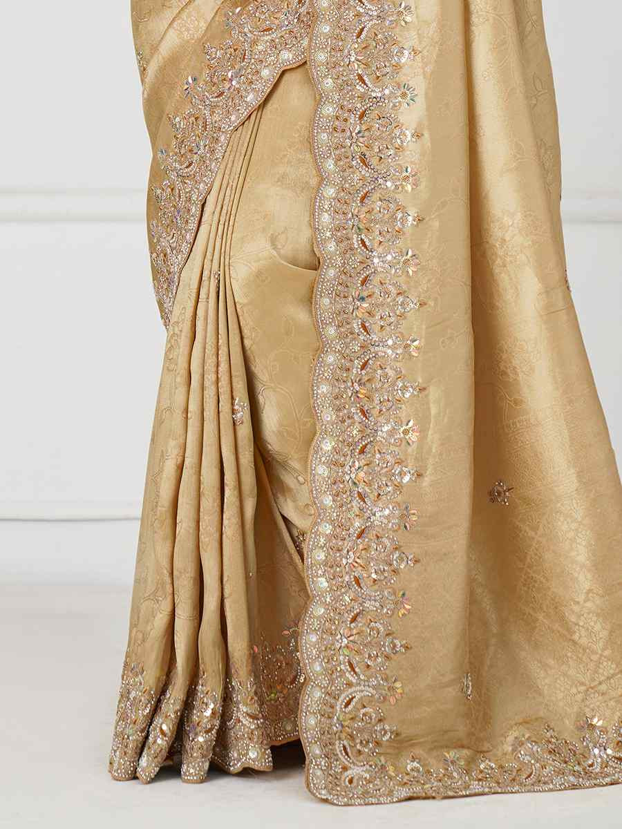 Golden Pure Dola Viscouse Silk Embroidered Festival Wedding Fancy Heavy Border Saree