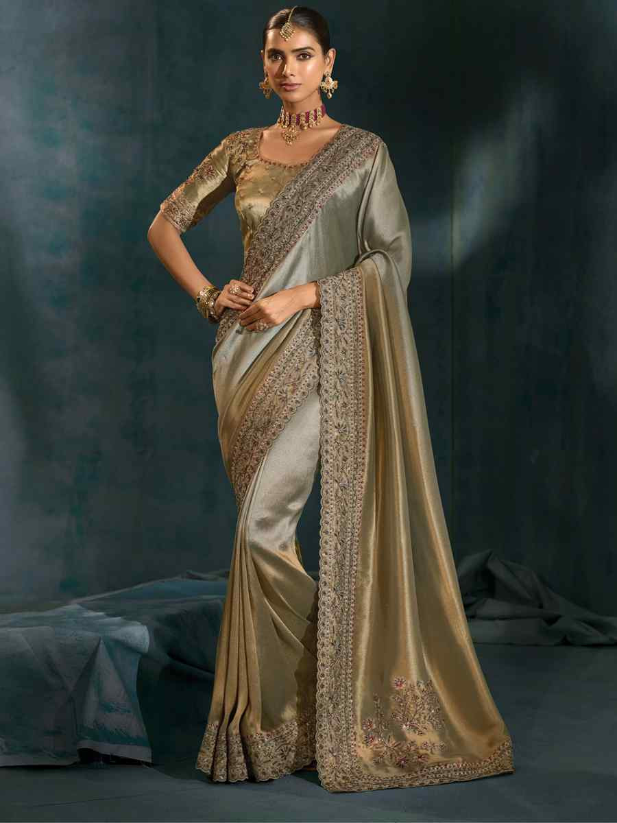 Golden Pure Ziraf Silk Embroidery Bridal Reception Festival Wedding Fancy Heavy Border Saree