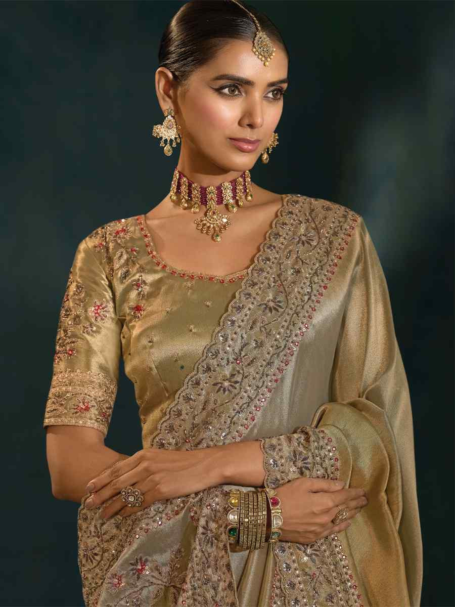 Golden Pure Ziraf Silk Embroidery Bridal Reception Festival Wedding Fancy Heavy Border Saree