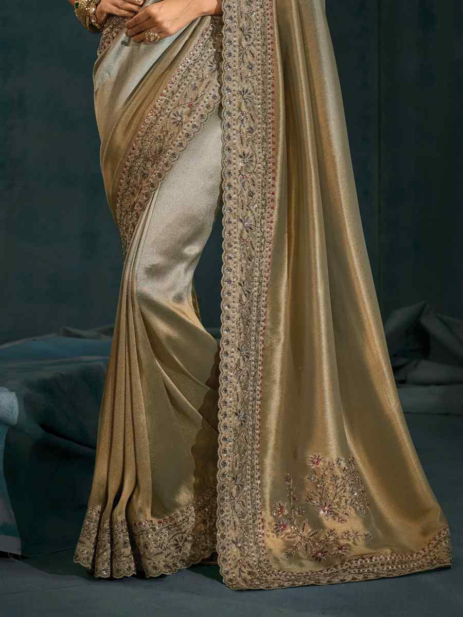 Golden Pure Ziraf Silk Embroidery Bridal Reception Festival Wedding Fancy Heavy Border Saree