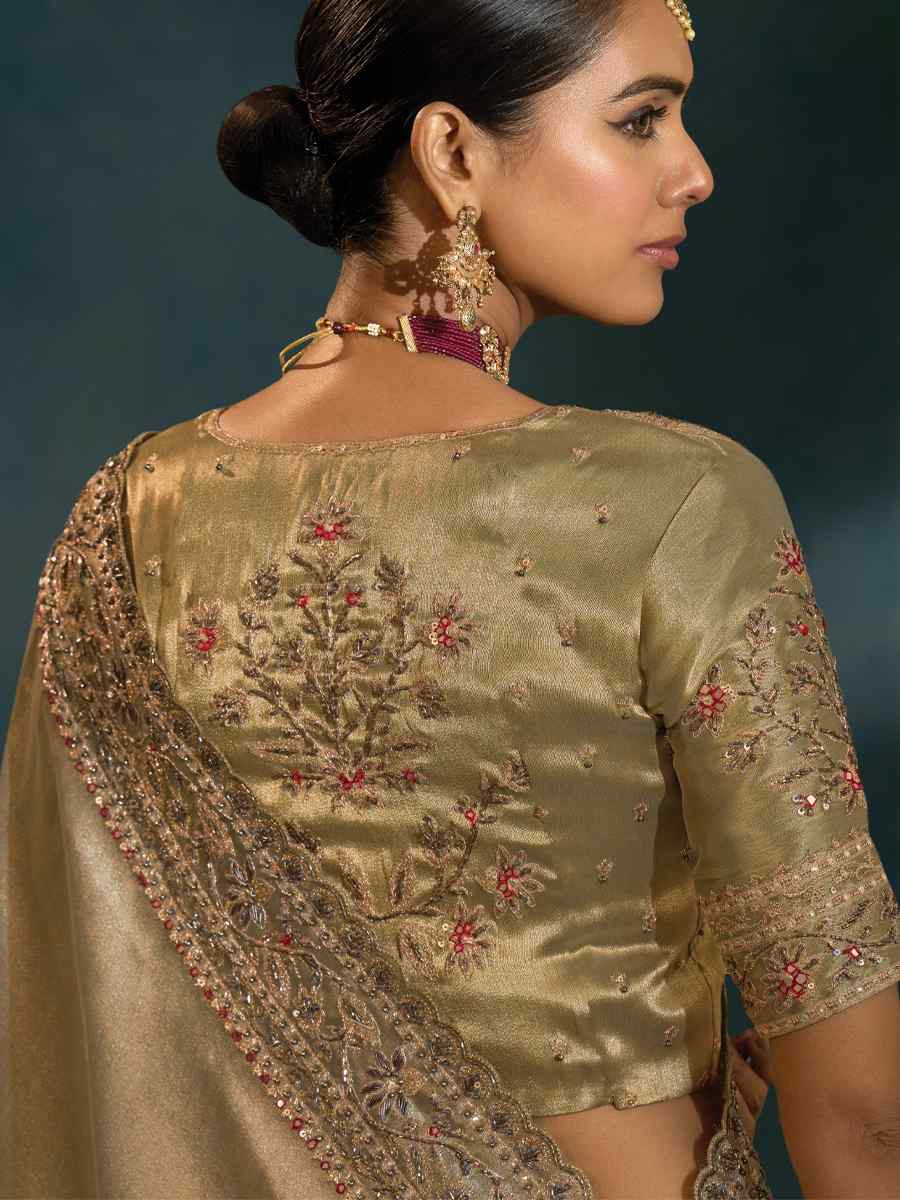 Golden Pure Ziraf Silk Embroidery Bridal Reception Festival Wedding Fancy Heavy Border Saree