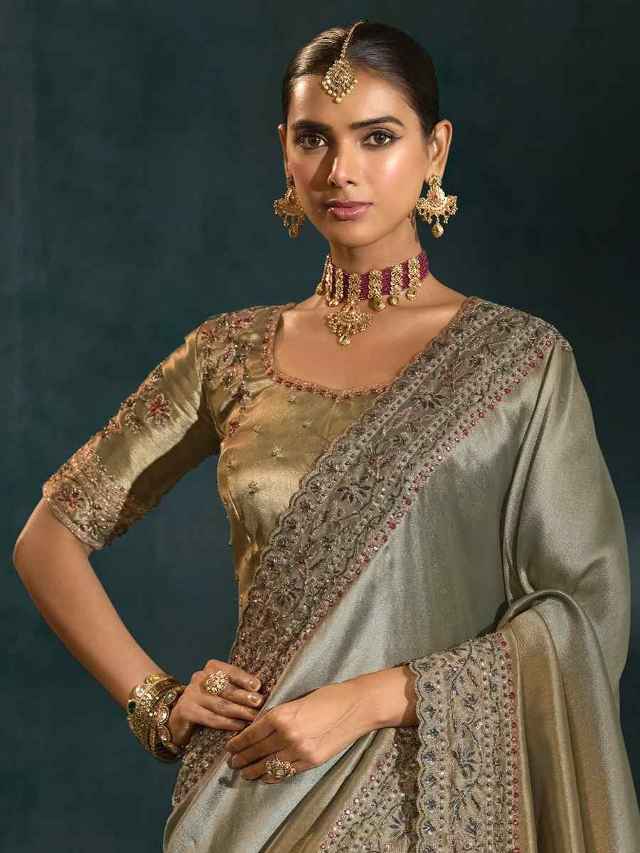 Golden Pure Ziraf Silk Embroidery Bridal Reception Festival Wedding Fancy Heavy Border Saree