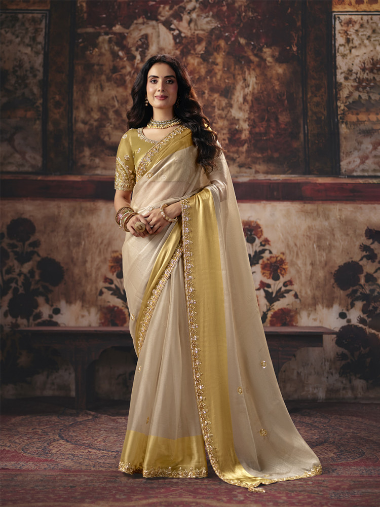 Image of Golden Satin Patta Embroidery Sequins Zari Wedding Reception Party Festival Casual Heavy Border Sarees