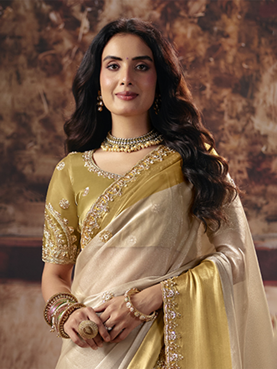 Golden Satin Patta Embroidery Sequins Zari Wedding Reception Party Festival Casual Heavy Border Sarees