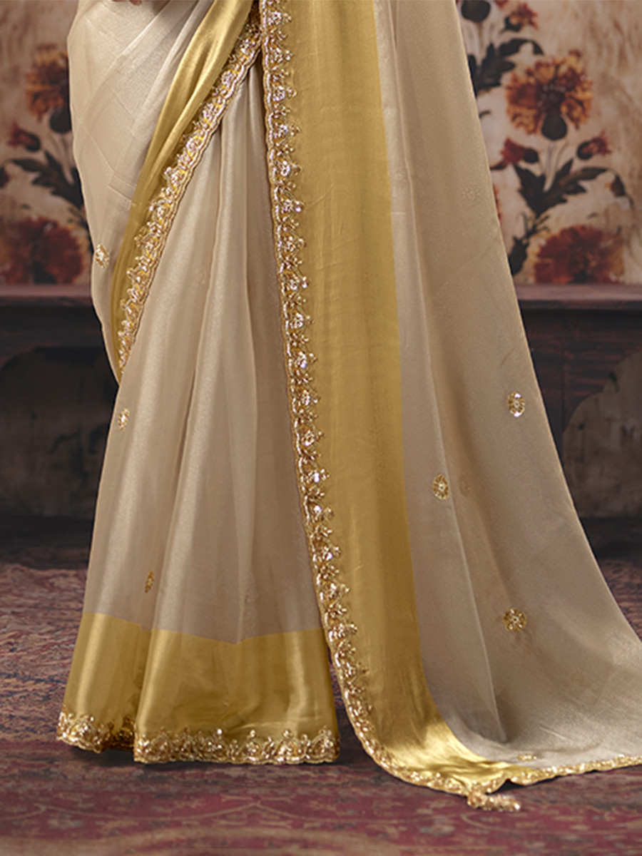 Golden Satin Patta Embroidery Sequins Zari Wedding Reception Party Festival Casual Heavy Border Sarees