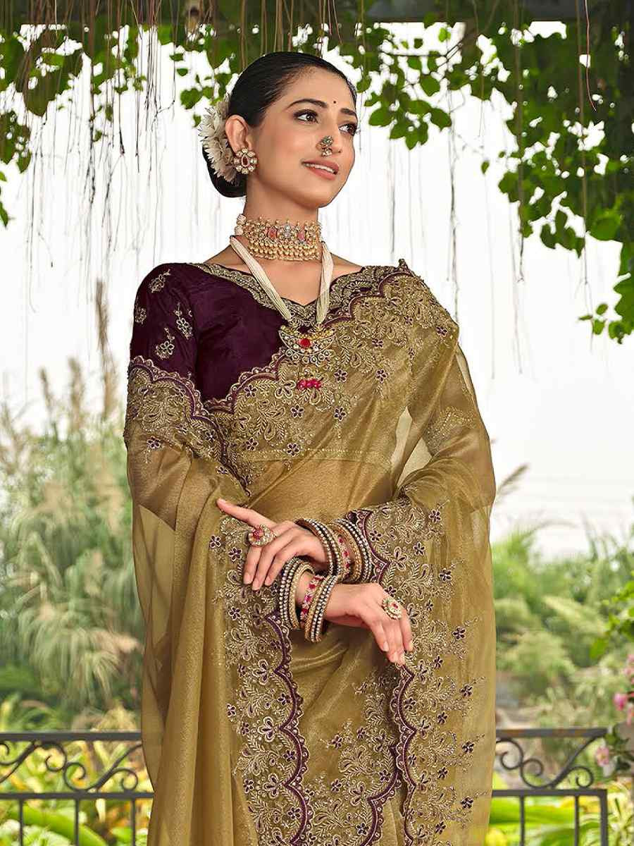 Golden Silk Embroidered Festival Wedding Fancy Heavy Border Saree