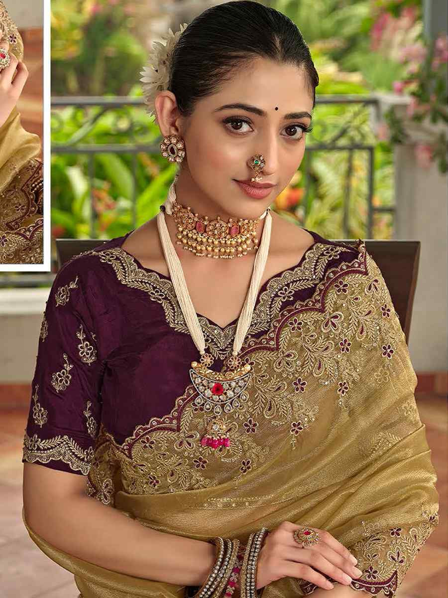 Golden Silk Embroidered Festival Wedding Fancy Heavy Border Saree