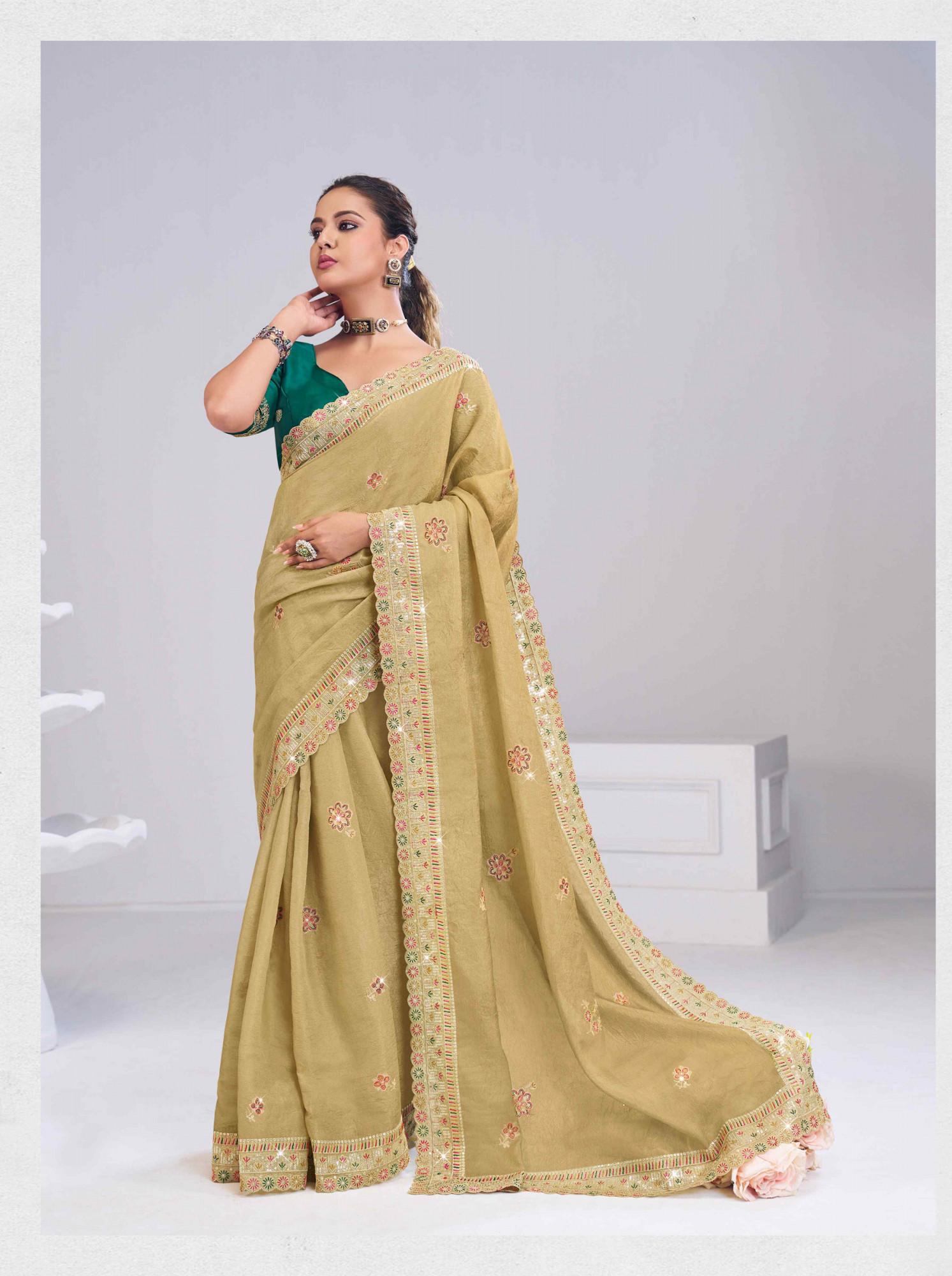 Golden Silk Embroidery Traditional Bridal Reception Festival Wedding Fancy Heavy Border Saree