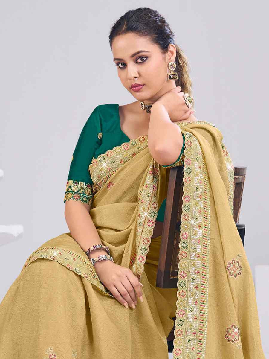 Golden Silk Embroidery Traditional Bridal Reception Festival Wedding Fancy Heavy Border Saree