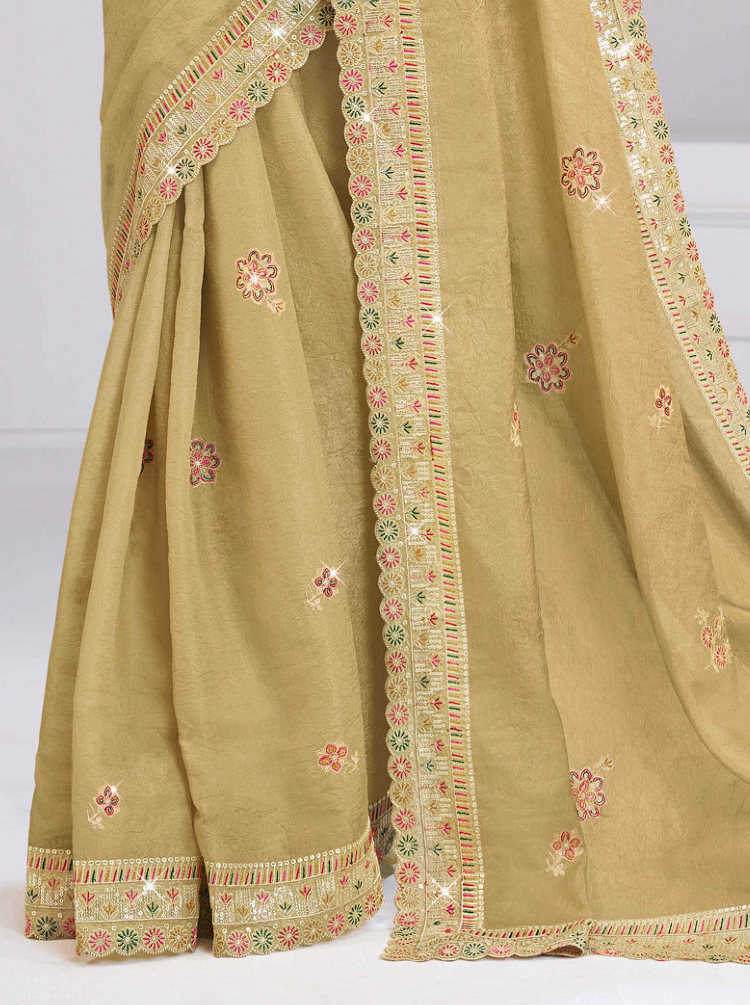 Golden Silk Embroidery Traditional Bridal Reception Festival Wedding Fancy Heavy Border Saree