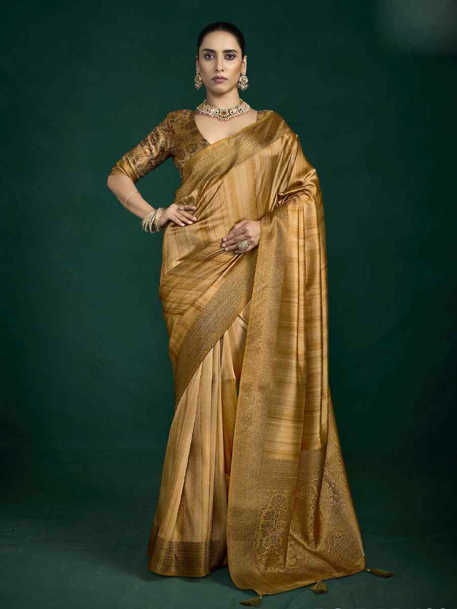 Golden Silk Handwoven Bridal Reception Festival Wedding Fancy Heavy Border Saree