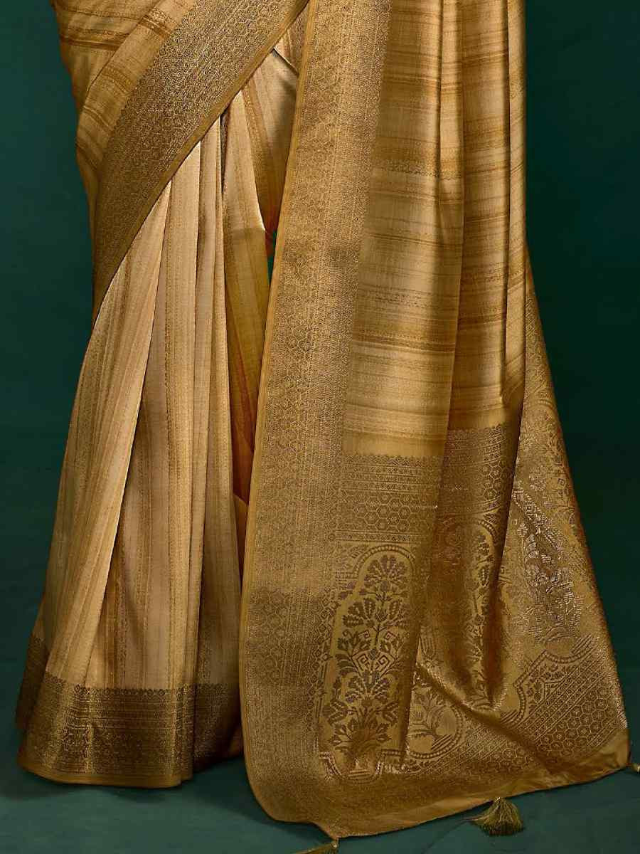 Golden Silk Handwoven Bridal Reception Festival Wedding Fancy Heavy Border Saree