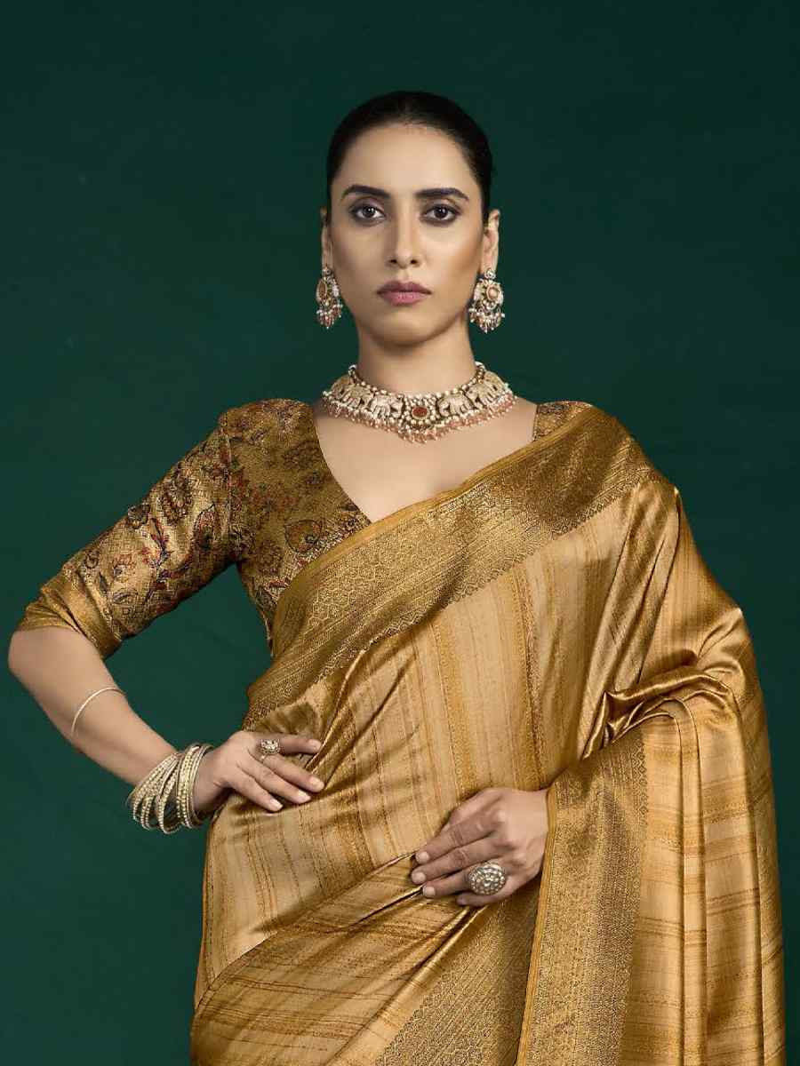 Golden Silk Handwoven Bridal Reception Festival Wedding Fancy Heavy Border Saree