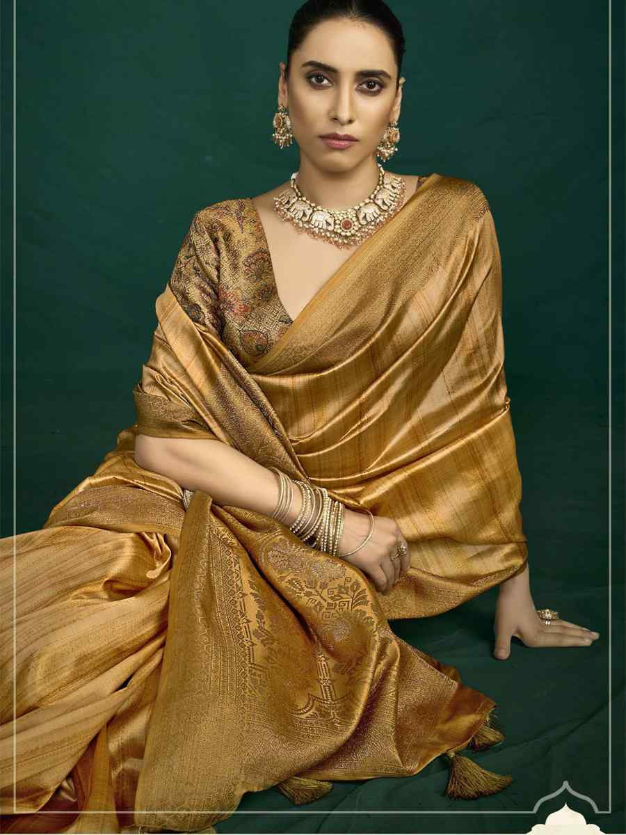 Golden Silk Handwoven Bridal Reception Festival Wedding Fancy Heavy Border Saree