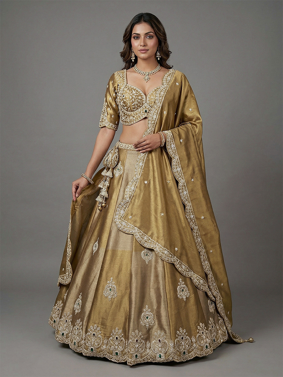 Golden Silk Tissue Embroidery Wedding Reception Party Festival Heavy Border Lehenga Choli