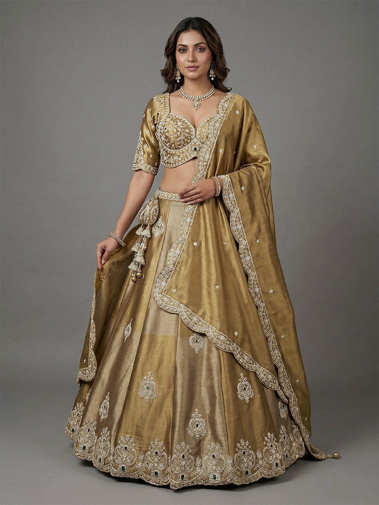 Image of Golden Silk Tissue Embroidery Wedding Reception Party Festival Heavy Border Lehenga Choli