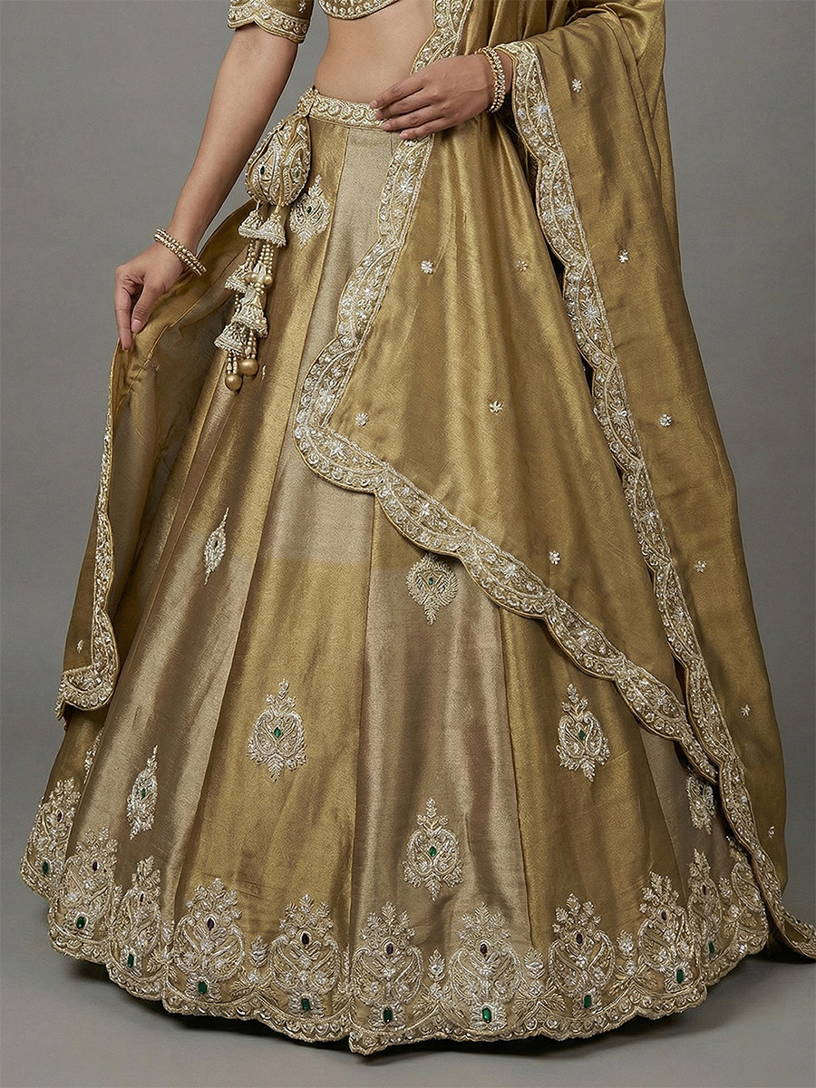 Golden Silk Tissue Embroidery Wedding Reception Party Festival Heavy Border Lehenga Choli