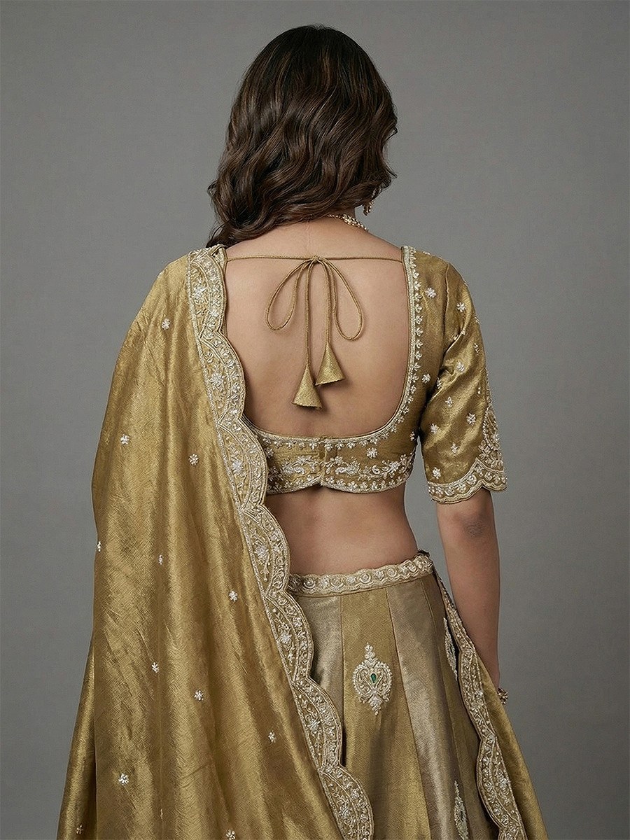 Golden Silk Tissue Embroidery Wedding Reception Party Festival Heavy Border Lehenga Choli