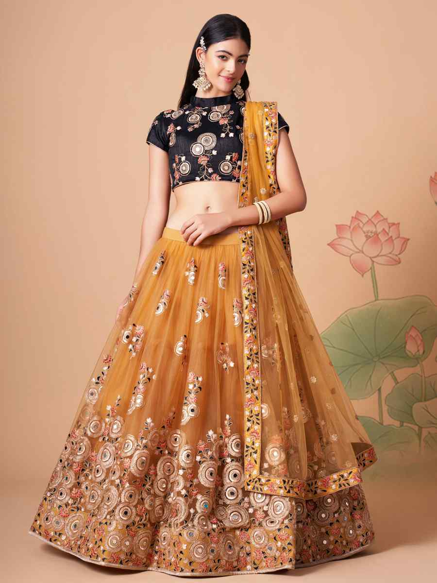 Golden Soft Net Embroidered Reception Festival Heavy Border Lehenga Choli