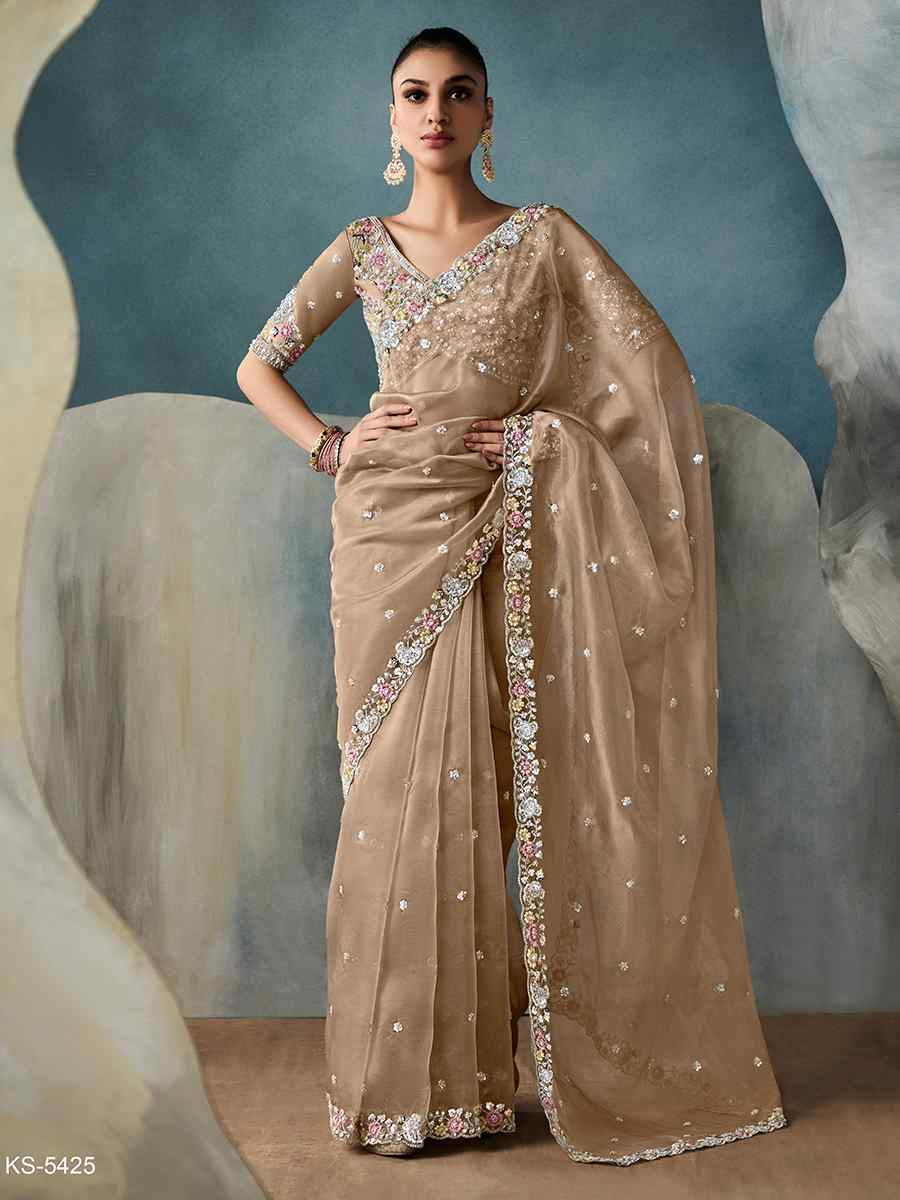 Golden Tissue Embroidered Festival Wedding Fancy Heavy Border Saree