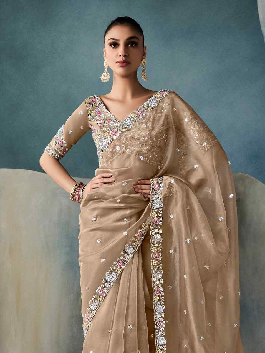 Golden Tissue Embroidered Festival Wedding Fancy Heavy Border Saree