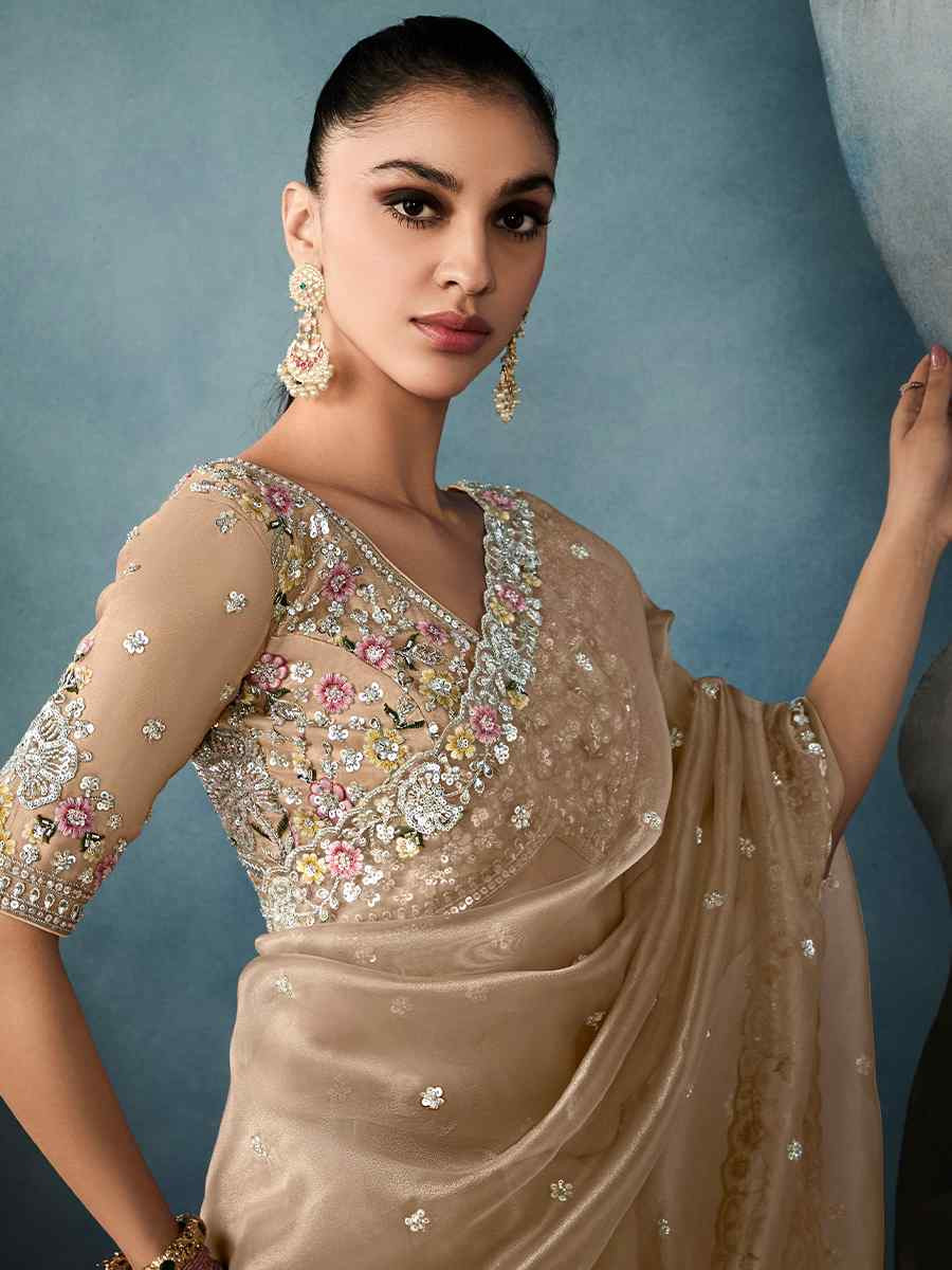 Golden Tissue Embroidered Festival Wedding Fancy Heavy Border Saree