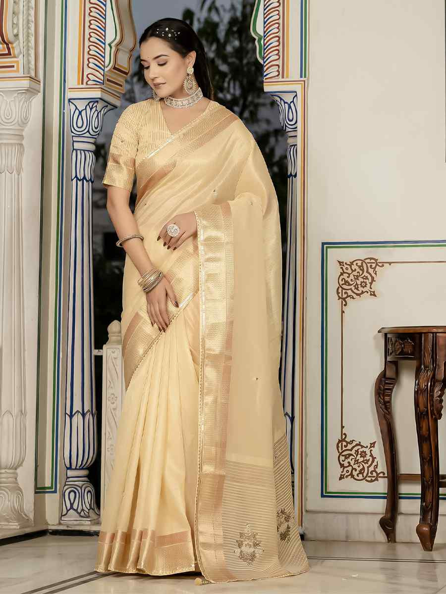 Golden Tissue Linen Handwoven Festival Wedding Fancy Heavy Border Saree