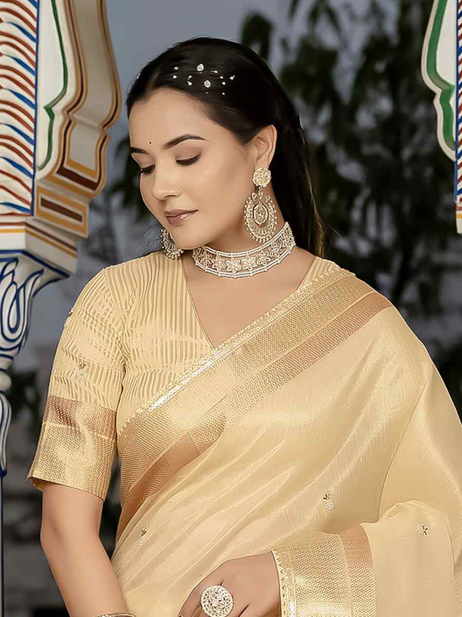 Golden Tissue Linen Handwoven Festival Wedding Fancy Heavy Border Saree