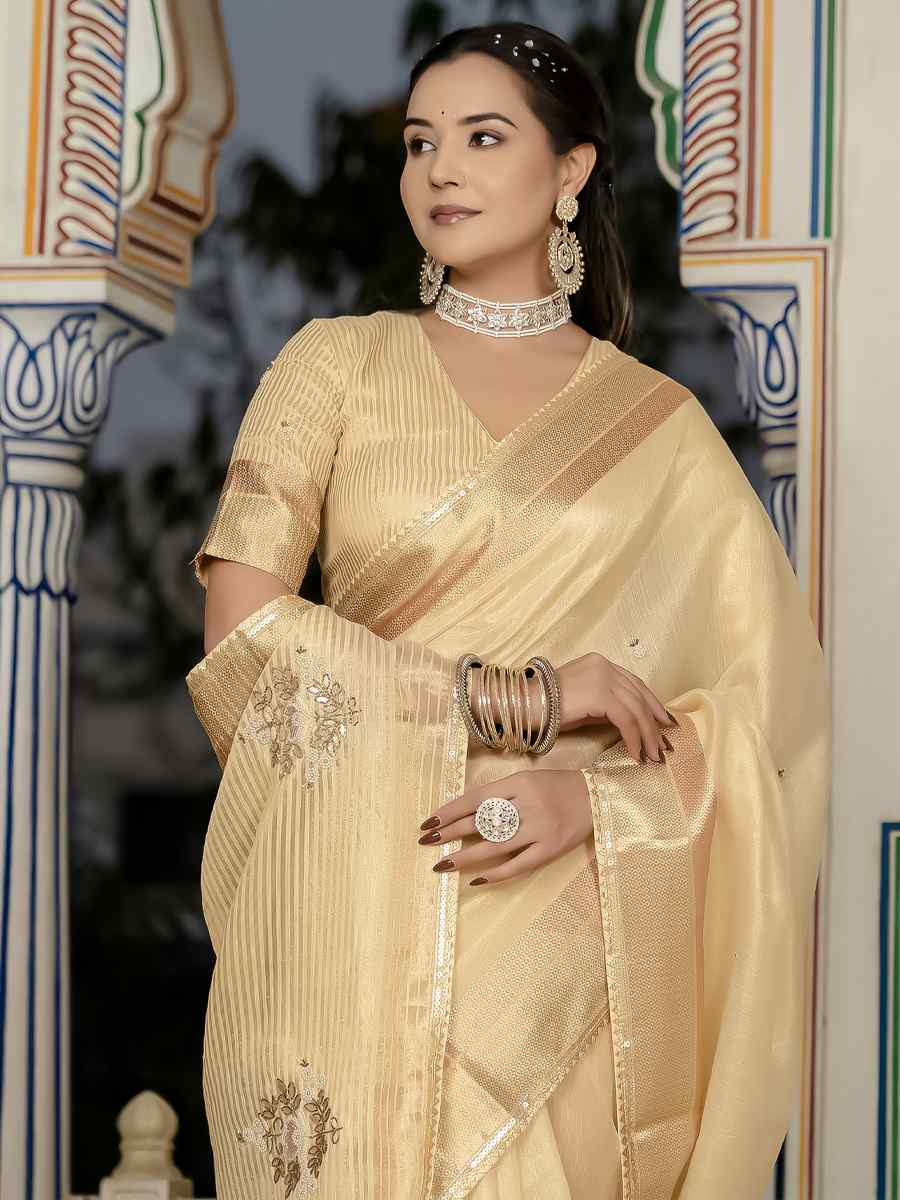 Golden Tissue Linen Handwoven Festival Wedding Fancy Heavy Border Saree