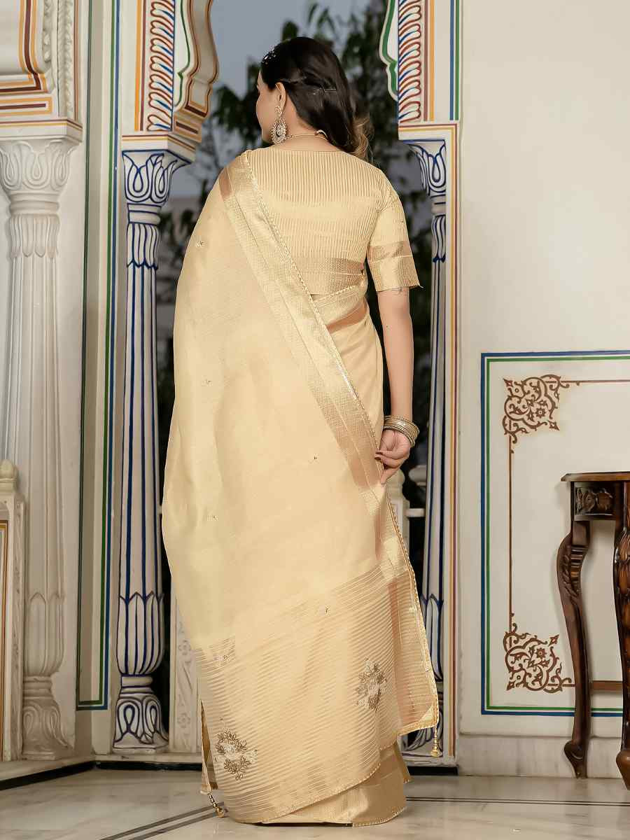 Golden Tissue Linen Handwoven Festival Wedding Fancy Heavy Border Saree