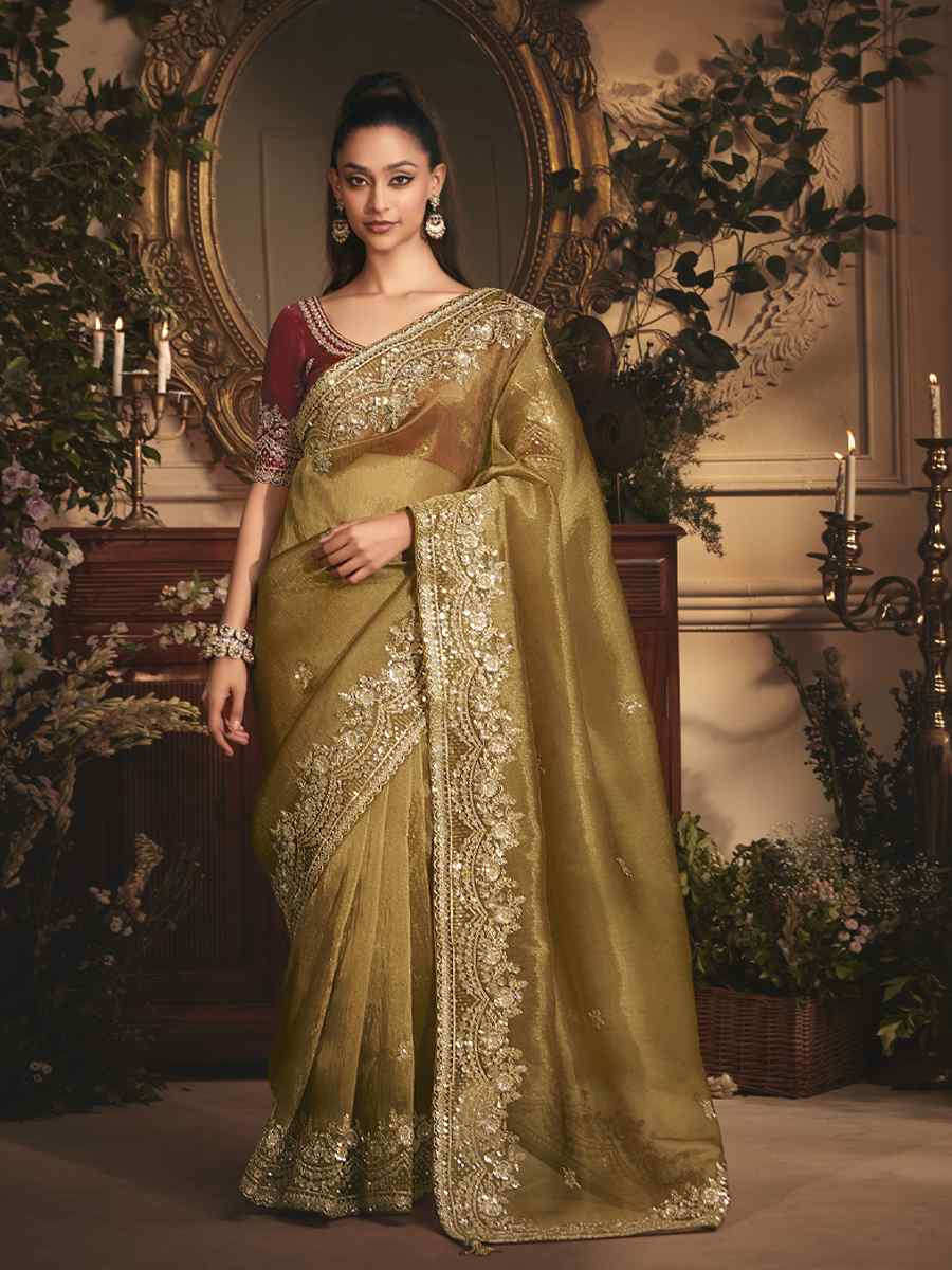 Golden Tissue Organza Embroidery Traditional Bridal Reception Festival Wedding Fancy Heavy Border Saree