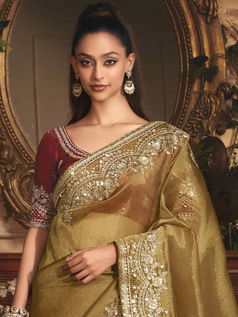 Golden Tissue Organza Embroidery Traditional Bridal Reception Festival Wedding Fancy Heavy Border Saree
