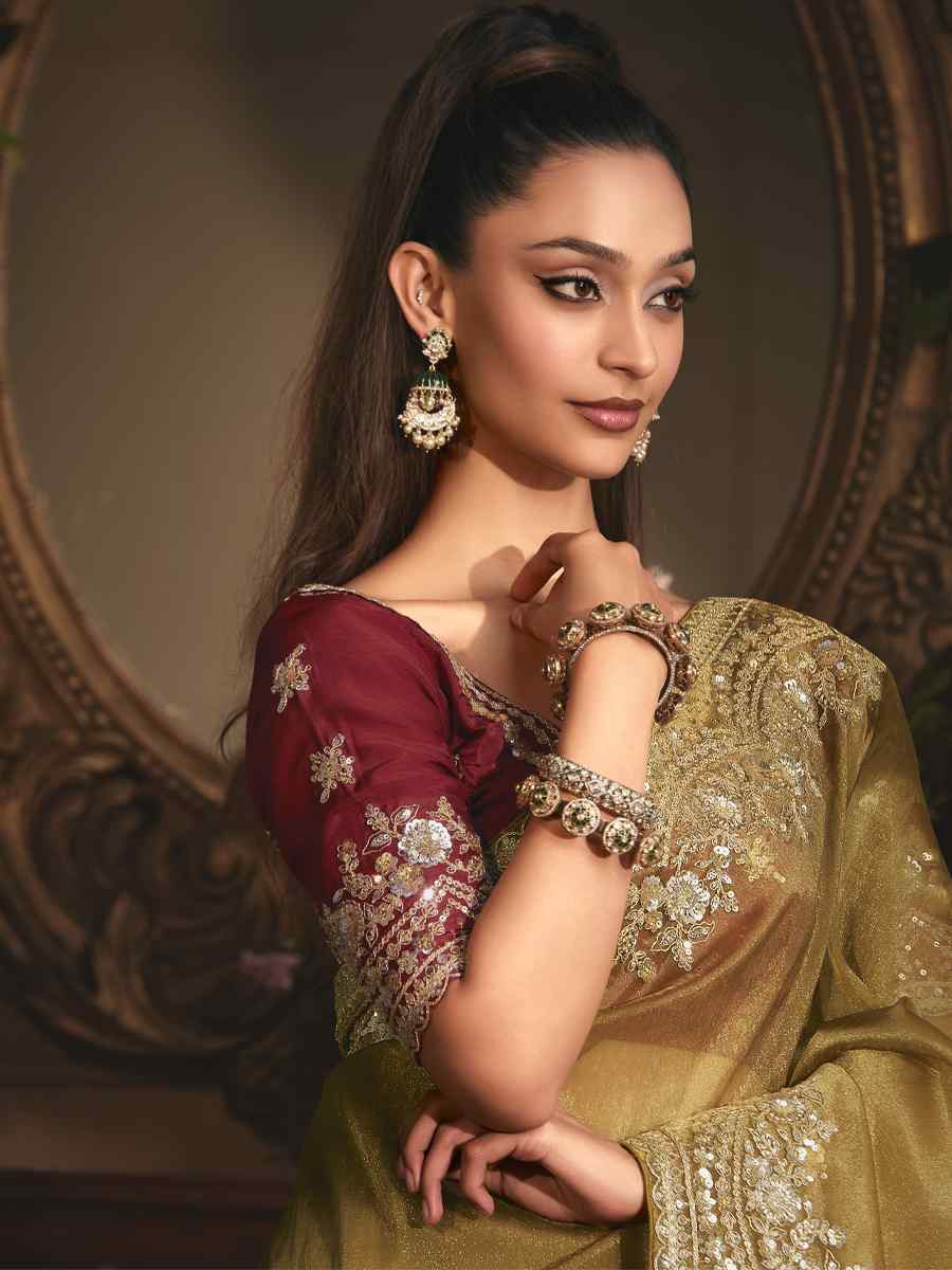 Golden Tissue Organza Embroidery Traditional Bridal Reception Festival Wedding Fancy Heavy Border Saree