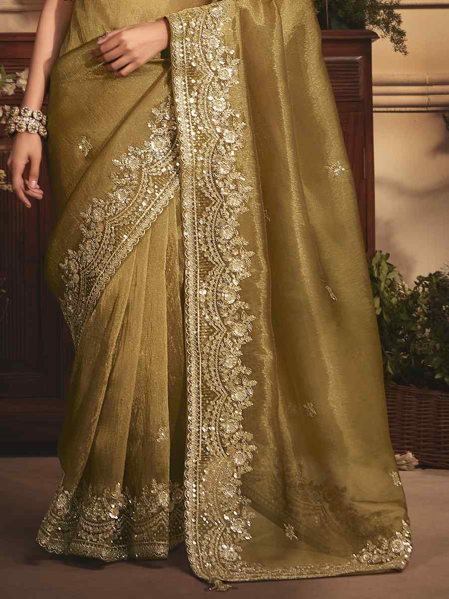 Golden Tissue Organza Embroidery Traditional Bridal Reception Festival Wedding Fancy Heavy Border Saree