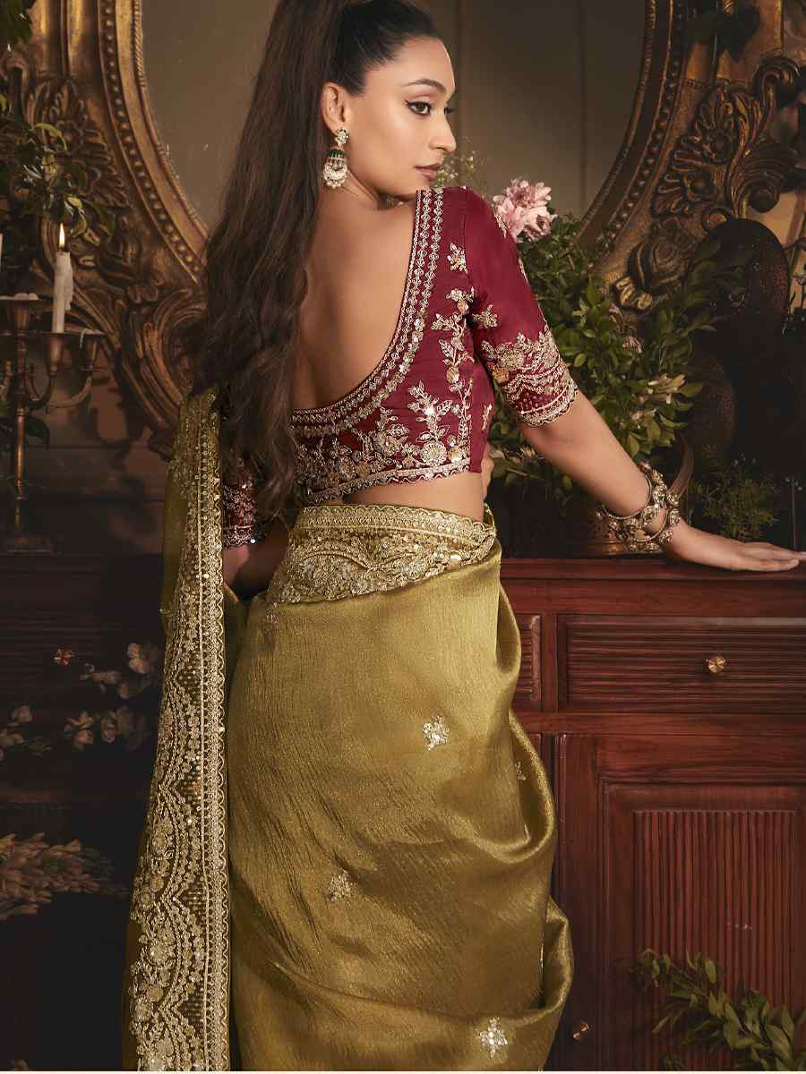 Golden Tissue Organza Embroidery Traditional Bridal Reception Festival Wedding Fancy Heavy Border Saree