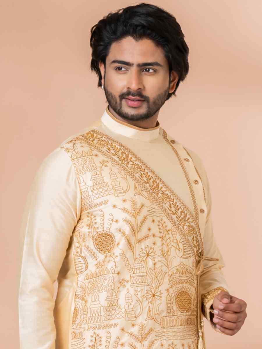 Golden Viscose Woven Festival Wedding Kurta