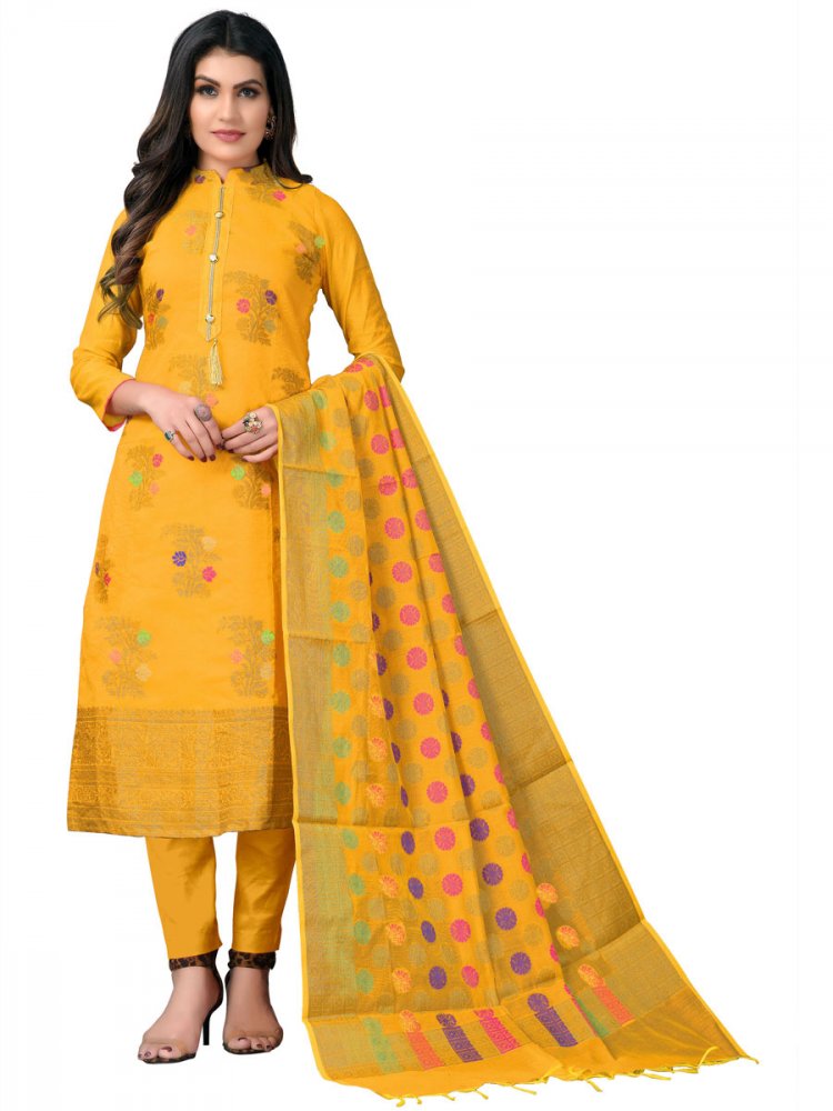 Golden Yellow Benarasi Jacquard Handwoven Festival Churidar Kameez